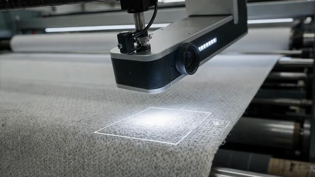 Medium shot of an overhead defectdetection camera system inspecting knitted fabric highlighting precise realtime flaw identification before winding.