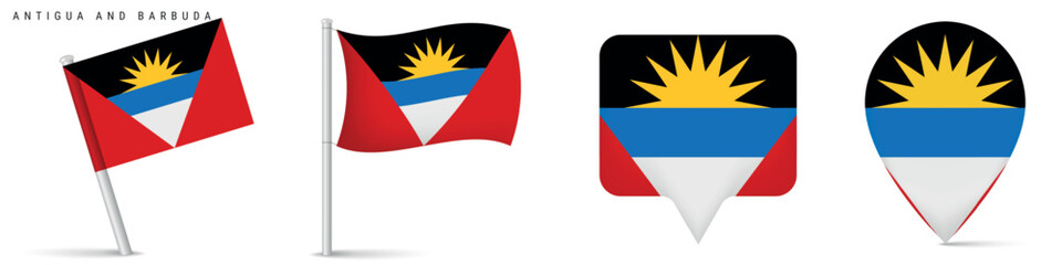 Fototapeta premium Collection of Antigua and Barbuda national flag icons with waving flag and location map pins. Isolated design for travel, geography, navigation and Caribbean themes.