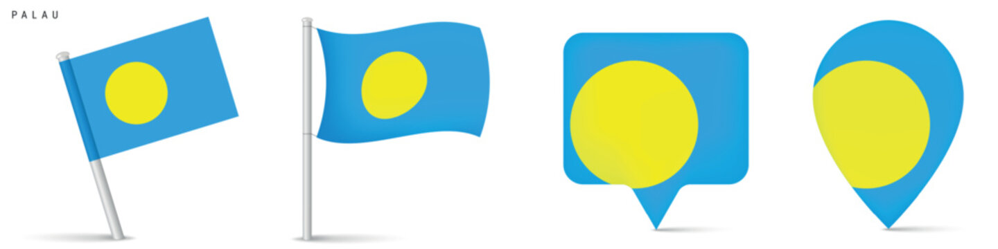 Palau flag set with map pin icons