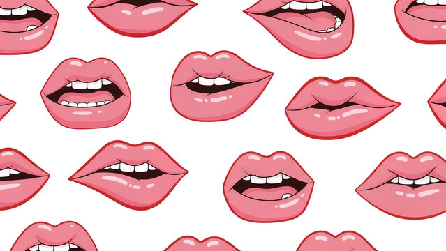 Vibrant lips pattern illustration on transparent background showcasing various facial expressions and emotions in a seamless design
