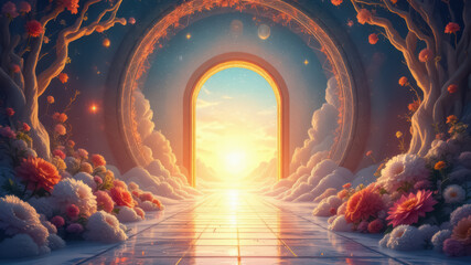 Open doors to enter into beautiful, ideal world, surreal fantasy artwork