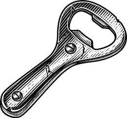 Obraz premium Vintage bottle opener illustration metal hand tool with wooden handle for opening capped bottles retro engraving drawing