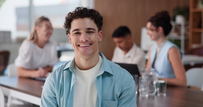 Face, about us and business man in meeting for event planning, coordination and smile in office. Portrait, happy person and coworking in workplace, creative organizer or confident intern with team