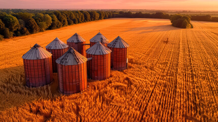 Aerial view of Silos in a barley field