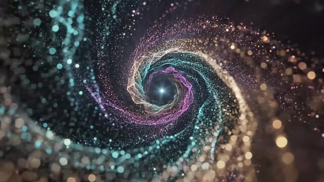 Vibrant swirling vortex of colorful particles and light creating a mesmerizing abstract representation of cosmic energy data streams or futuristic technology