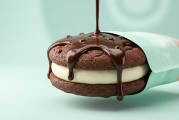 Chocolate Sandwich Cookie With Vanilla Cream And Melting Chocolate Sau