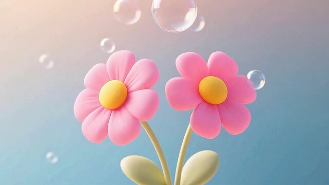 PinkFlowerwithYellowCenterandFloatingBubbles