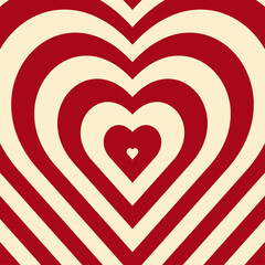 Red and white hypnotic groove heart vector background. Cute, mesmerizing psychedelic tunnel. Y2K Valentine's Day backdrop. Hippie vintage distorted banner. 60s and 70s style postcard.
