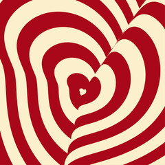 Red and white hypnotic groove heart vector background. Cute, mesmerizing psychedelic tunnel. Y2K Valentine's Day backdrop. Hippie vintage distorted banner. 60s and 70s style postcard.