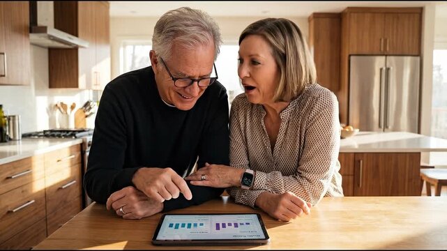 Senior couple in a bright modern kitchen reviewing charts from a smartwatch and smart ring on a tablet