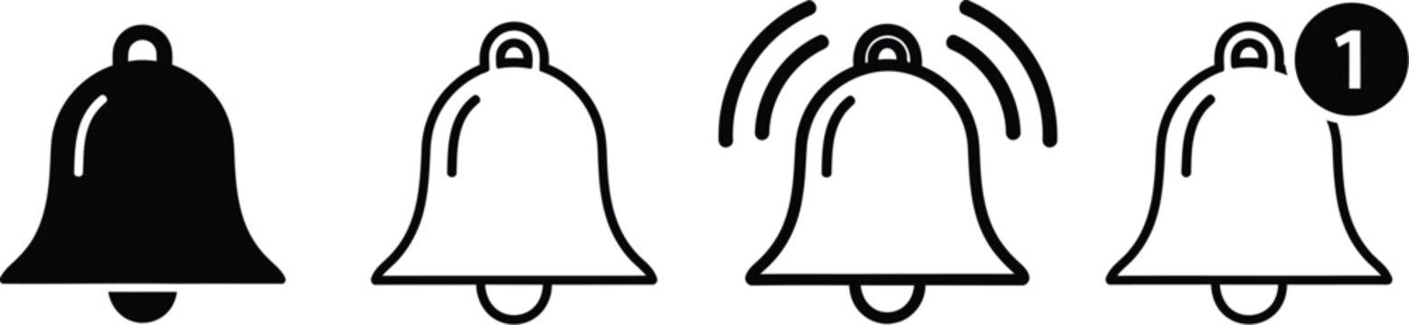 Notification bell icon. Alarm symbol. Incoming inbox message. Ringing bells. Alarm clock and smartphone application alert. Social media element. New message symbol flat style - stock vector.