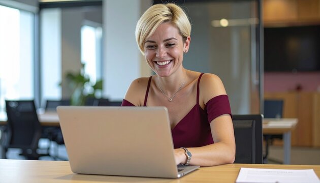 a smiling blonde business woman with short hair wearing a dark red bordeaux top shirt focusing on her laptop computer in the office	