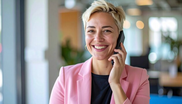 a smiling blonde woman with short hair wearing a pink blazer jacket making a telephone call in the office	