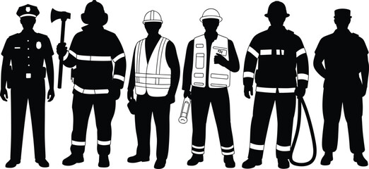 Fototapeta premium Silhouette of diverse professionals in uniforms, police officer, firefighter, construction worker, engineer, military personnel, public service vector illustration design