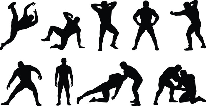 Silhouette muscular men vector illustration, dynamic poses for fitness, bodybuilding, martial arts, athletic strength design, exercise concept, sports lifestyle art