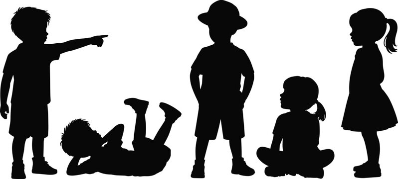 Silhouette of diverse children in playful poses, standing, sitting, pointing, lying down, wearing hat and dress, childhood vector illustration design