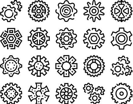 Multiple gear wheels and cogs vector icons symbolizing machinery, engineering, industrial systems, teamwork and efficient processes for technology, management and webapp interfaces
