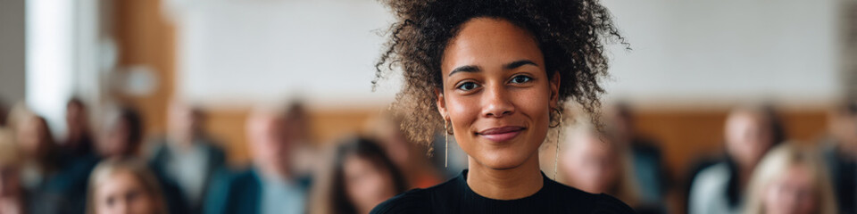 Confident african female speaker in front of diverse audience