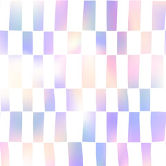 Abstract checkered groovy seamless pattern. Holographic foil gradient and white retro wavy vertical rectangle texture, hand drawn striped plaid print. Distorted checkerboard background.