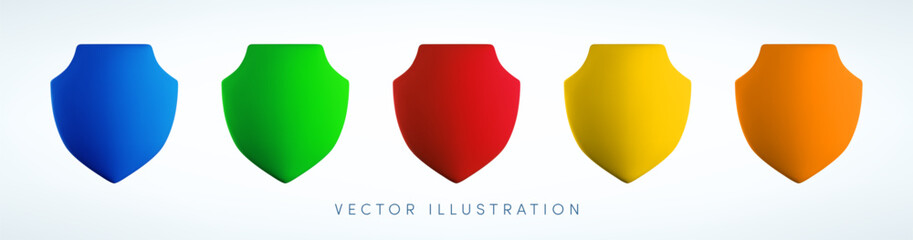 Vector Realistic 3d color shield icon set. Cartoon 3d render of blue, red, green, yellow, orange protection and security sign, guarantee symbol collection, defense concept.