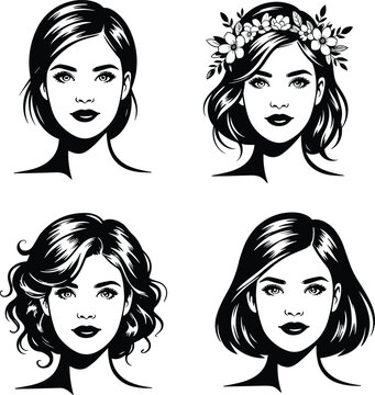 Stylized female portrait vector illustrations showcasing diverse hairstyles, elegant facial features, fashion beauty art design for creative stock content
