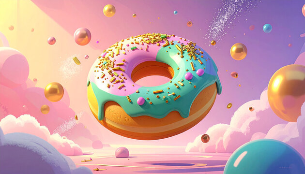 Create a whimsical 3D illustration of a hovering glazed porcelain donut adorned