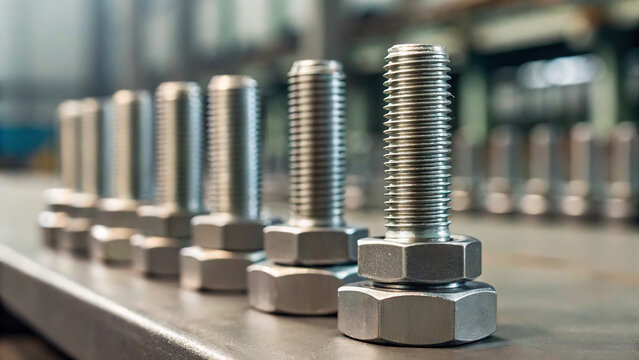 Close-up view of stainless steel bolts and nuts arranged on a metal table in a workshop during daylight
