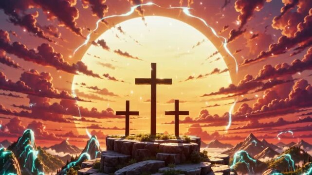 Cinematic Three Crosses on Rocky Peak Against Giant Sun and Supernatural Electric Sky - Apocalyptic Easter Concept