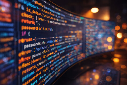 Curved ultrawide monitor displaying lines of multicolored software code with a warm bokeh background of office lights.
