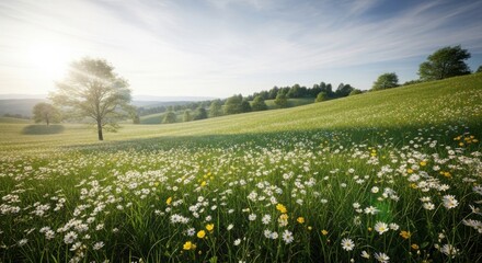 Fototapeta premium A serene landscape featuring a field of dandelions under a blue sky.