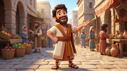 Joyful man in ancient attire welcomes visitors to a bustling marketplace scene