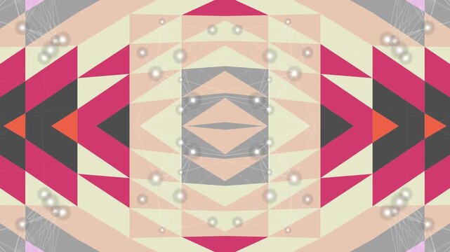 Vibrant abstract kaleidoscopic pattern with intricate geometric shapes in pink, orange, and beige tones, adorned with subtle pearl-like spheres, evoking traditional indigenous textile designs