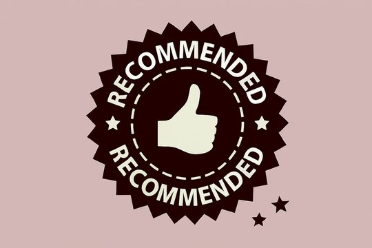 A dark brown recommended stamp with a thumbs up icon on a pink background.