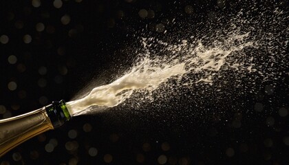 Exploding Champagne Bottle with Sparkling Spray on Black Background, Perfect for Celebrations and New Year's Eve © absdtrew1st
