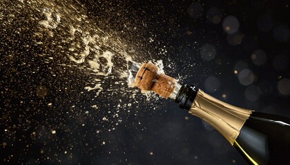 Champagne Bottle Popping with Exploding Cork and Golden Bubbly Spray on Dark Background © absdtrew1st
