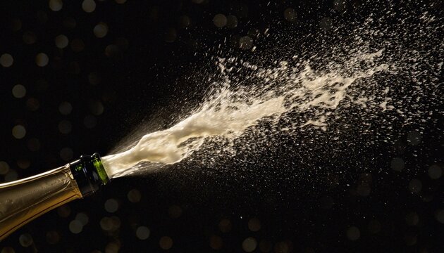 Exploding Champagne Bottle with Sparkling Spray on Black Background, Perfect for Celebrations and New Year's Eve