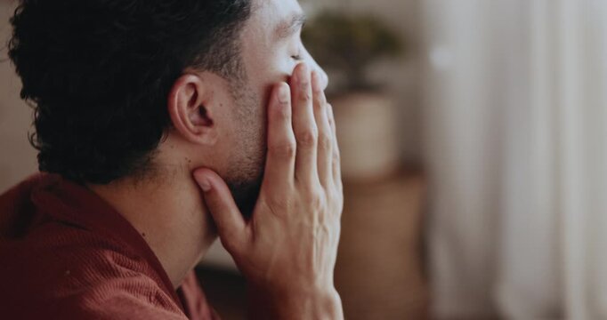 Frustrated, unhappy or man with stress in home, overthinking or disappointment for financial crisis. Poor money management, anxiety or person with regret for finance security, bankrupt or overwhelmed