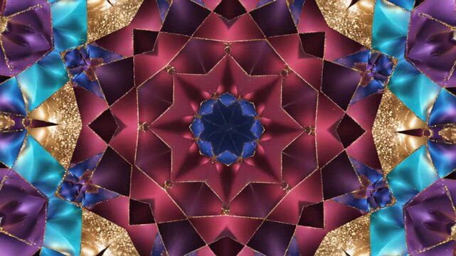 Intricate mandala pattern of purple, blue, and gold geometric shapes