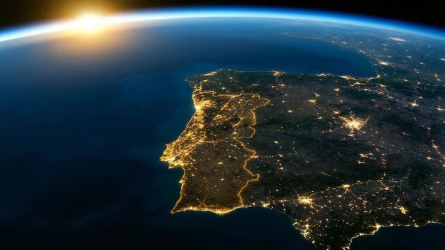 portugal map viewed from space and sunlight view video