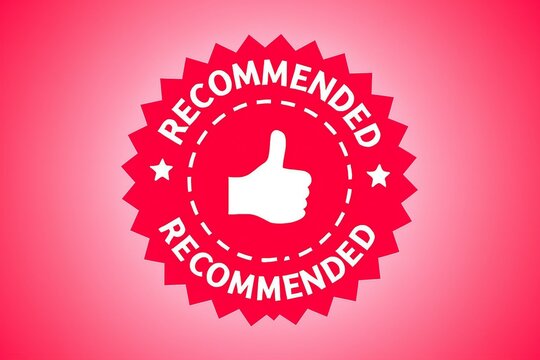 A red badge with a thumbs up and the word recommended written twice around it.