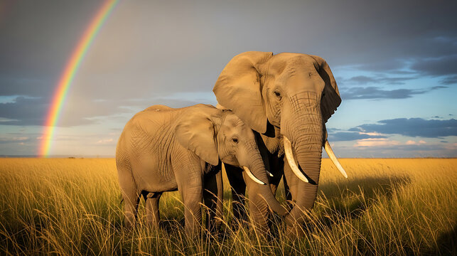 Two elephants standing in a golden savanna field with a vibrant rainbow arching in the sky.