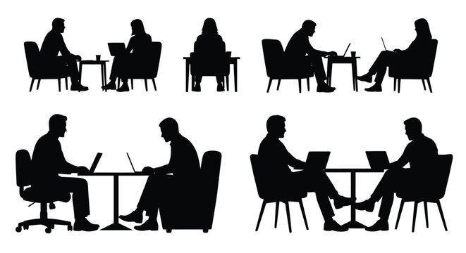 Silhouettes of people seated at desks and tables working or conversing