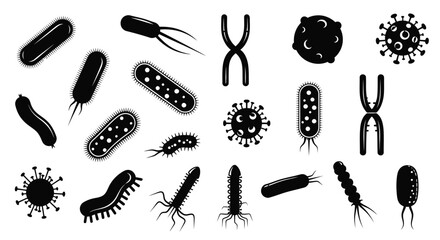 Black and white illustration of various bacteria viruses and microorganisms
