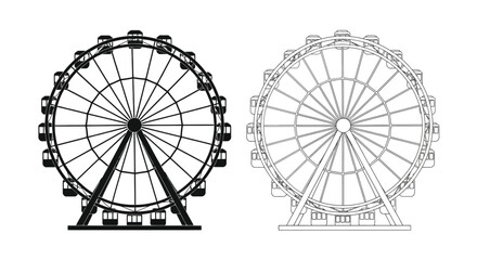 Line art illustration of two ferris wheels in contrasting styles © MdBakerHossen
