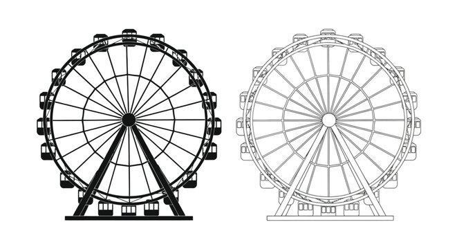 Line art illustration of two ferris wheels in contrasting styles
