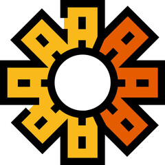 Obraz premium Abstract radial gear icon with yellow orange gradient segments and bold black outlines, ideal for representing technology, innovation, progress, systems, networks, and modern business ui design
