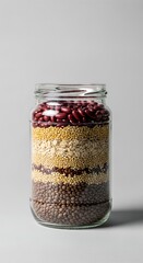 Glass jar with layered grains isolated on neutral background sustainability preparation concept
