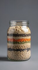 Glass jar with layered grains isolated on neutral background sustainability preparation concept