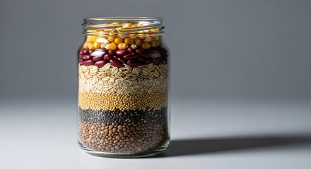 Glass jar with layered grains isolated on neutral background sustainability preparation concept