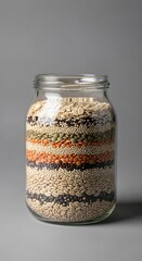 Glass jar with layered grains isolated on neutral background sustainability preparation concept